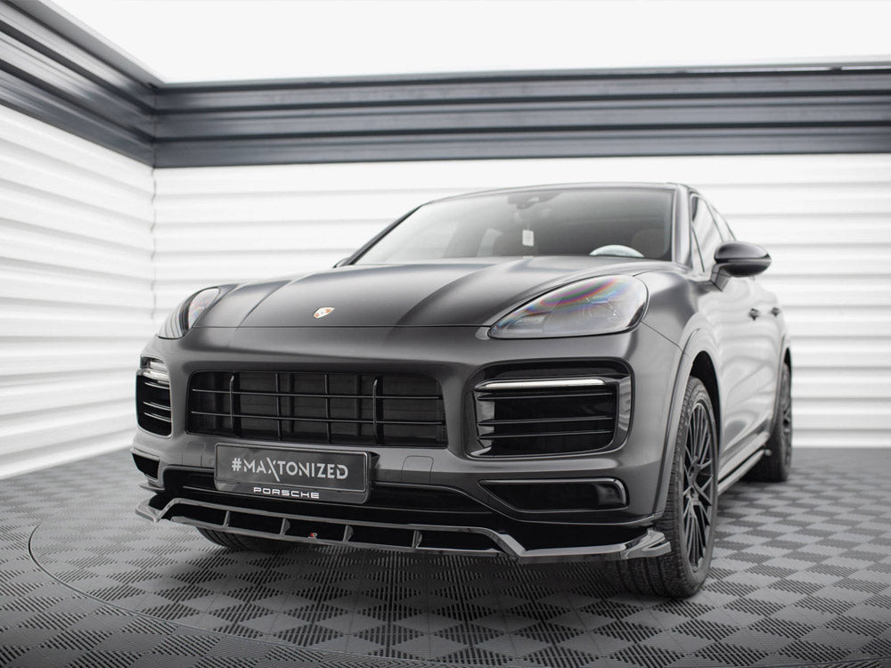 Maxton Design Porsche Cayenne Sport Design Mk3 front splitter for body and styling enhancement, shown on a Porsche Cayenne.