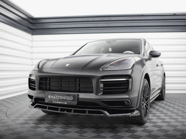 Maxton Design Porsche Cayenne Sport Design Mk3 front splitter for body and styling enhancement, shown on a Porsche Cayenne.