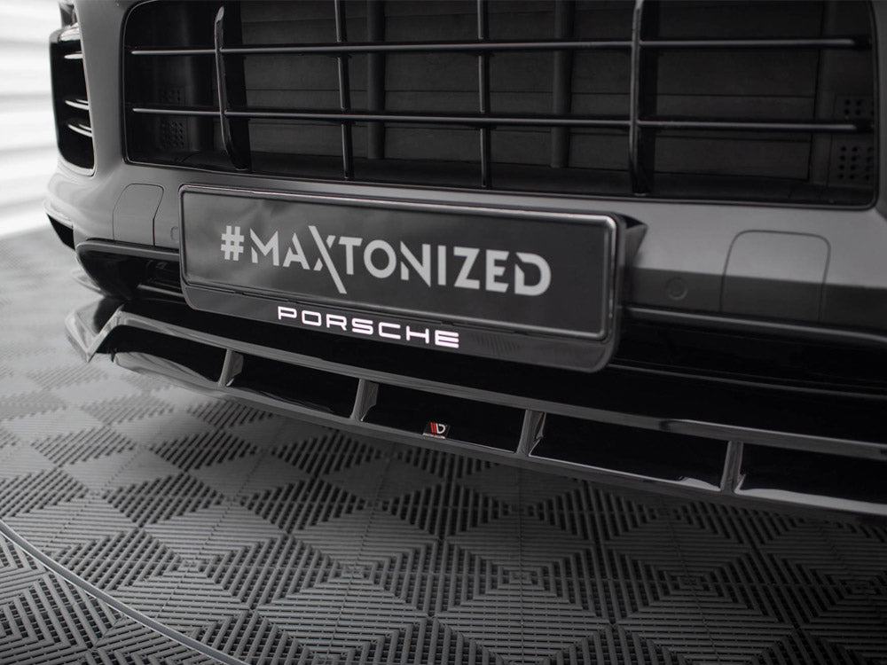 Maxton Design front splitter for Porsche Cayenne Sport Design Mk3, body and styling accessory, black aerodynamic car part.