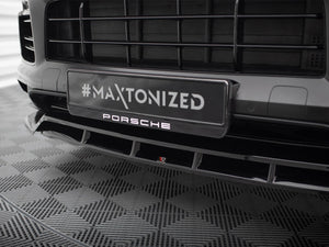 Maxton Design front splitter for Porsche Cayenne Sport Design Mk3, body and styling accessory, black aerodynamic car part.