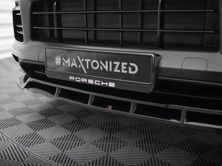 Maxton Design front splitter for Porsche Cayenne Sport Design Mk3, body and styling accessory, black aerodynamic car part.