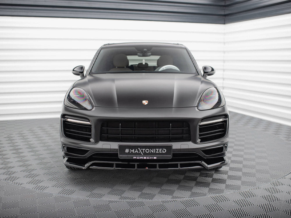 Maxton Design front splitter for Porsche Cayenne Sport Design Mk3, body and styling accessory, shown on vehicle in a close-up view.