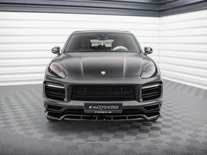Maxton Design front splitter for Porsche Cayenne Sport Design Mk3, body and styling accessory, shown on vehicle in a close-up view.