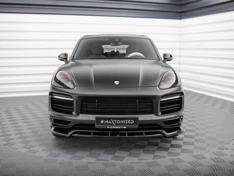 Maxton Design front splitter for Porsche Cayenne Sport Design Mk3, body and styling accessory, shown on vehicle in a close-up view.
