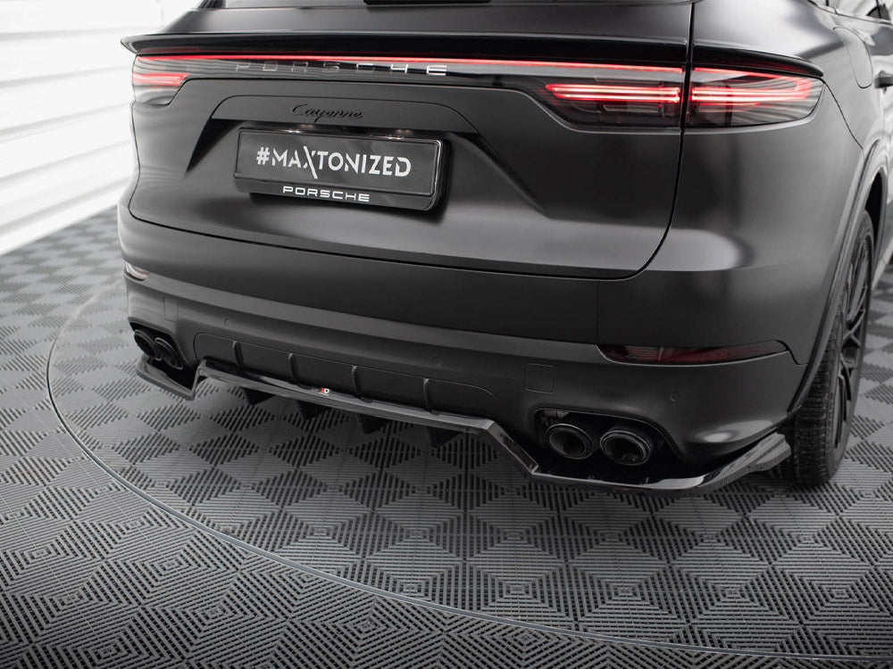 Maxton Design Porsche Cayenne Sport Design Mk3 rear splitter with vertical bars, body and styling accessory for enhanced aerodynamics.