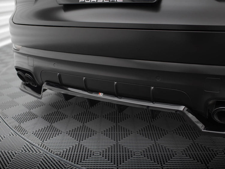 Maxton Design Porsche Cayenne Sport Mk3 rear central splitter with vertical bars for body and styling enhancement.