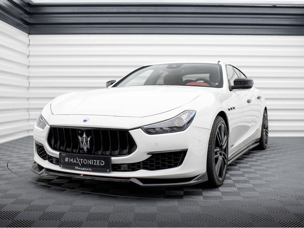 Maxton Design front splitter V.1 for Maserati Ghibli Mk3 Facelift, body styling accessory, shown on car front bumper.