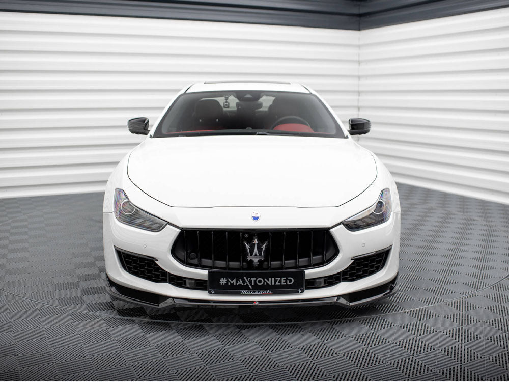 Maxton Design Front Splitter V.1 for Maserati Ghibli Mk3 Facelift, black aerodynamic body styling part with mounting details