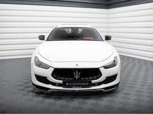 Maxton Design Front Splitter V.1 for Maserati Ghibli Mk3 Facelift, black aerodynamic body styling part with mounting details