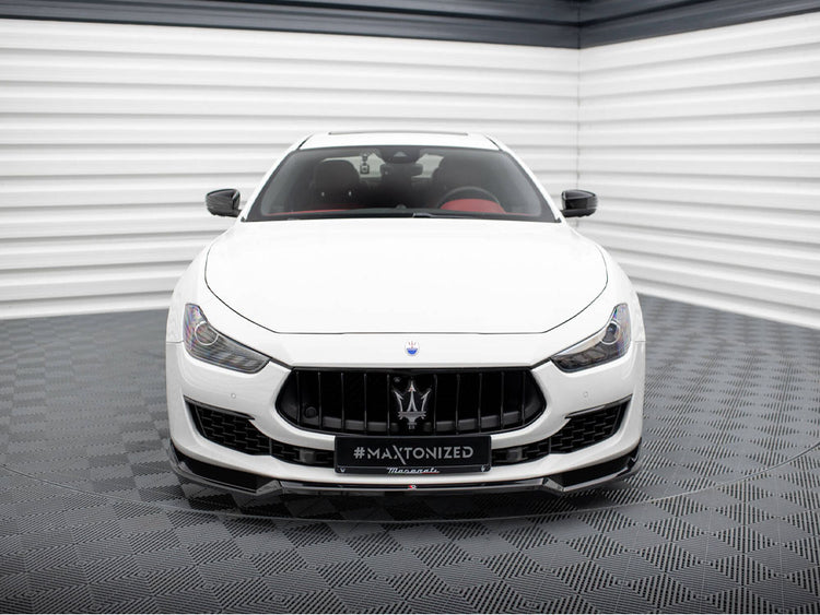 Maxton Design Front Splitter V.1 for Maserati Ghibli Mk3 Facelift, black aerodynamic body styling part with mounting details