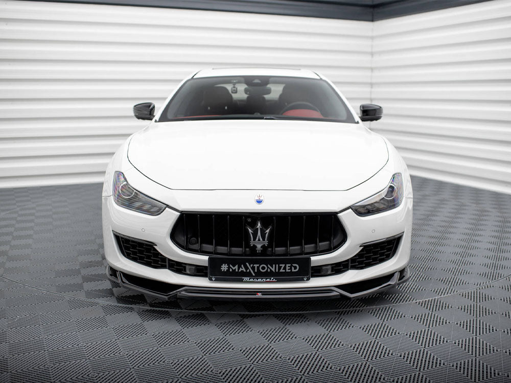 Maxton Design Front Splitter V.2 for Maserati Ghibli Mk3 Facelift, body and styling accessory in black with aerodynamic design.