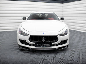 Maxton Design Front Splitter V.2 for Maserati Ghibli Mk3 Facelift, body and styling accessory in black with aerodynamic design.