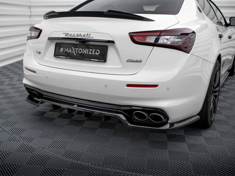 Maxton Design Maserati Ghibli Mk3 Facelift rear splitter with vertical bars, body and styling accessory for enhanced vehicle appearance.