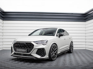 Maxton Design Front Splitter V.1 for Audi RSQ3 F3, black aerodynamic body styling component, enhances vehicle's sporty appearance.