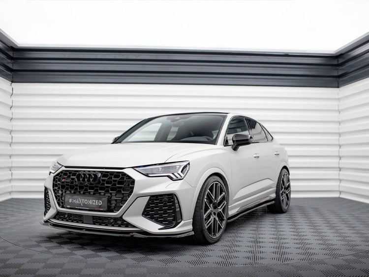 Maxton Design Front Splitter V.1 for Audi RSQ3 F3, black aerodynamic body styling component, enhances vehicle's sporty appearance.