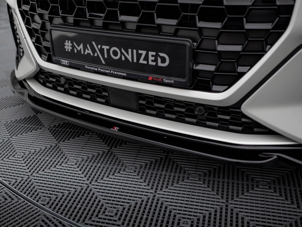 Maxton Design Front Splitter V.1 for Audi RSQ3 F3, body and styling accessory, installed on front bumper, black aerodynamic design.