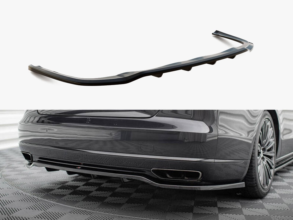 Maxton Design rear splitter with vertical bars for Audi A8 D4 facelift, made of durable material, installed at the back of the vehicle.