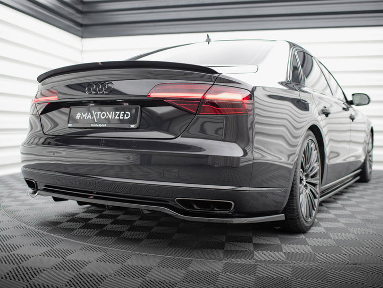 Maxton Design rear splitter with vertical bars for Audi A8 D4 facelift, made of durable material, enhances sporty rear appearance.