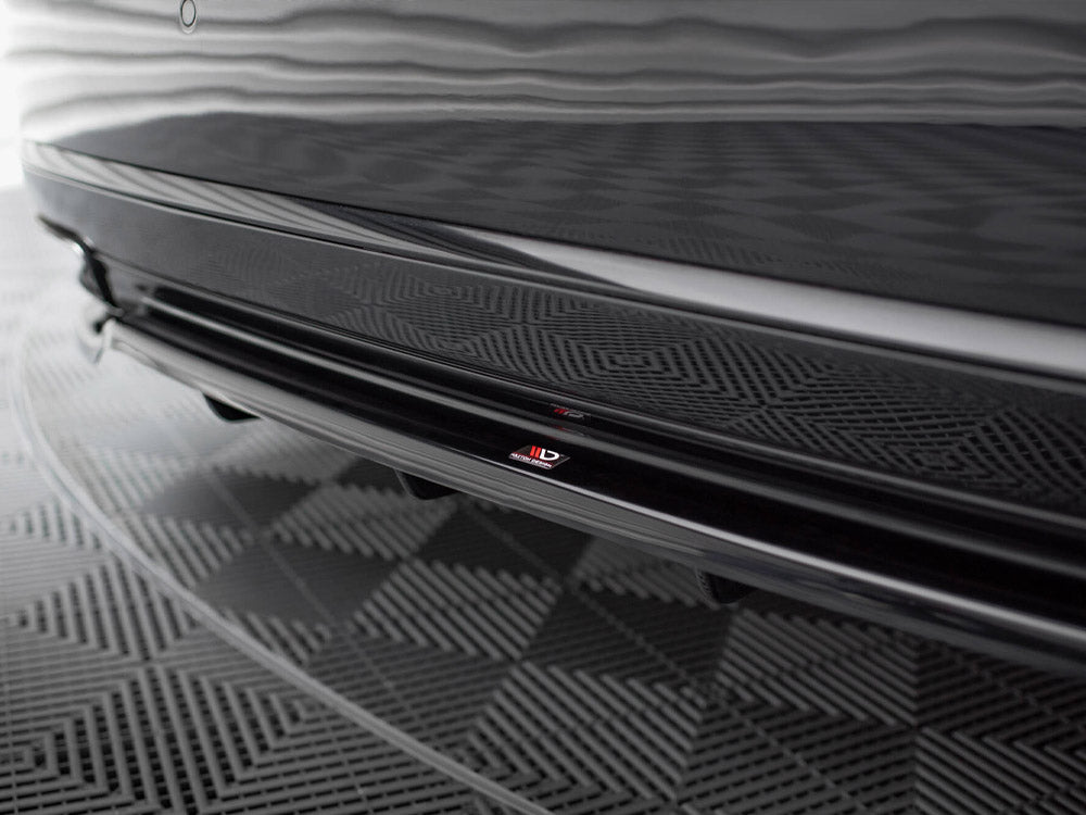 Maxton Design rear splitter with vertical bars for Audi A8 D4 facelift, showcasing black aerodynamic car accessory.