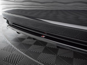 Maxton Design rear splitter with vertical bars for Audi A8 D4 facelift, showcasing black aerodynamic car accessory.