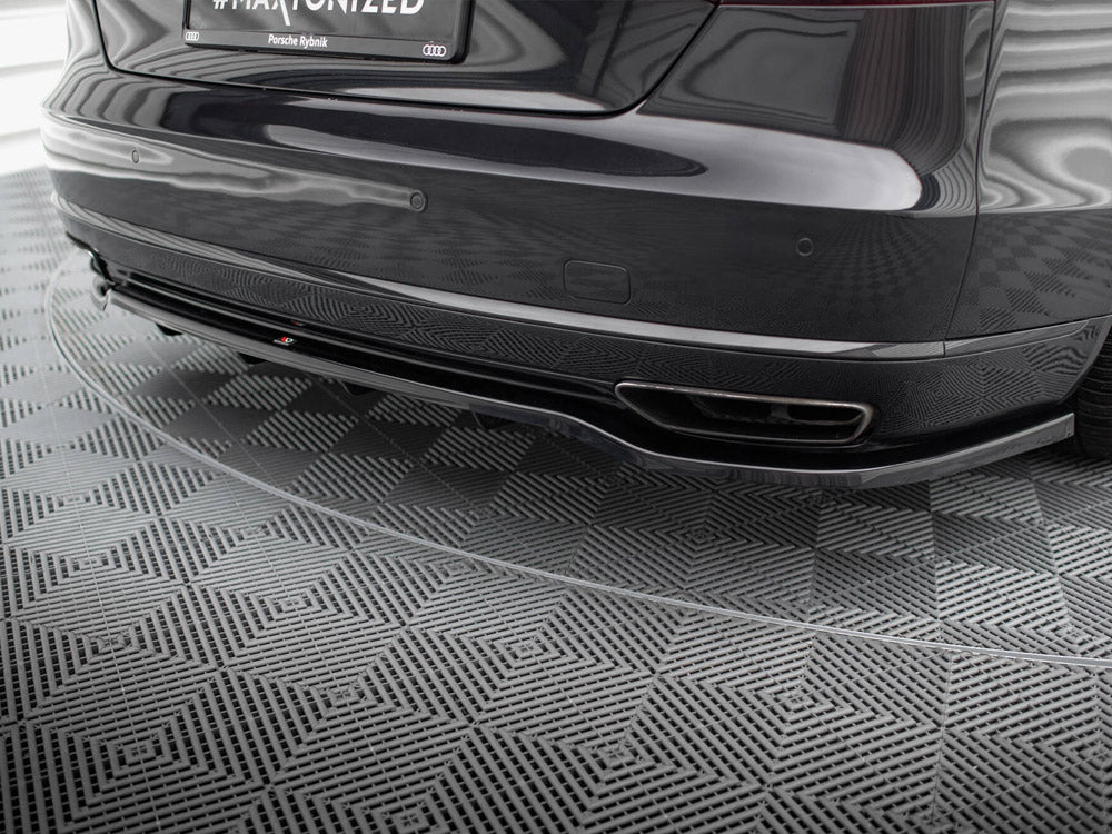 Maxton Design rear splitter with vertical bars for Audi A8 D4 facelift, made of durable material, installed at the vehicle's rear bumper.