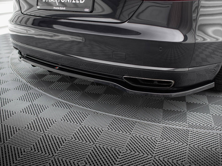 Maxton Design rear splitter with vertical bars for Audi A8 D4 facelift, made of durable material, installed at the vehicle's rear bumper.