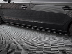 Maxton Design Audi A8 D4 side skirts and diffusers in black, designed for 2009-2013 model with sleek body styling enhancements.