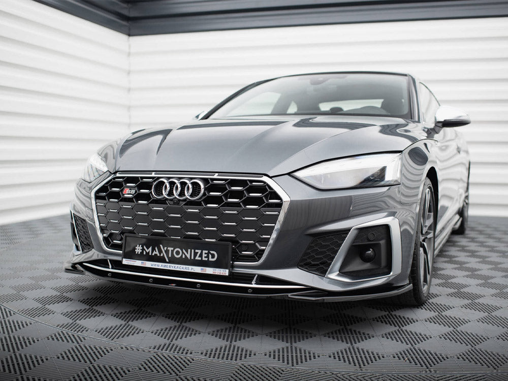 Maxton Design front splitter V1 for Audi S5 and A5 S-line F5 facelift, body and styling accessory, shown on vehicle.