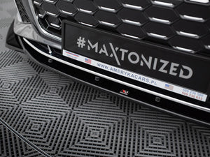 Maxton Design front splitter V1 for Audi S5 / A5 S-line F5 facelift, body styling accessory, black aerodynamic car part.