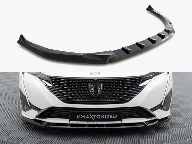 Maxton Design front splitter for Peugeot 308 GT Mk3, body and styling accessory, black aerodynamic car part.
