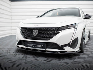 Maxton Design Peugeot 308 GT Mk3 front splitter in black, made of durable body and styling material, installed on the car's front bumper.
