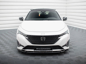 Maxton Design front splitter for Peugeot 308 GT Mk3, body and styling accessory, painted black, installed on the vehicle's front bumper.