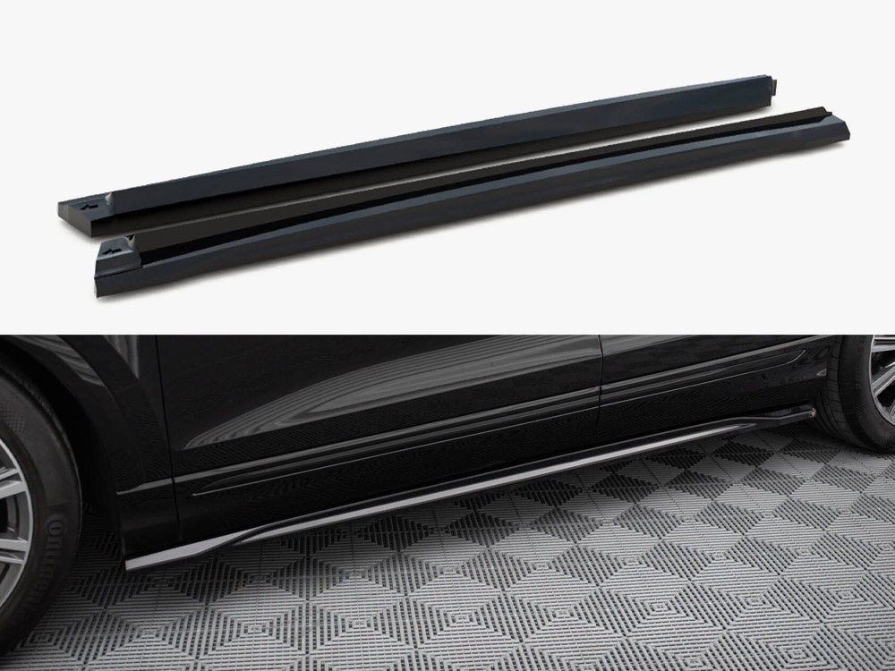 Maxton Design V.2 side skirts and diffusers for Audi SQ8 Q8 S-Line Mk1, black body styling components on a car.