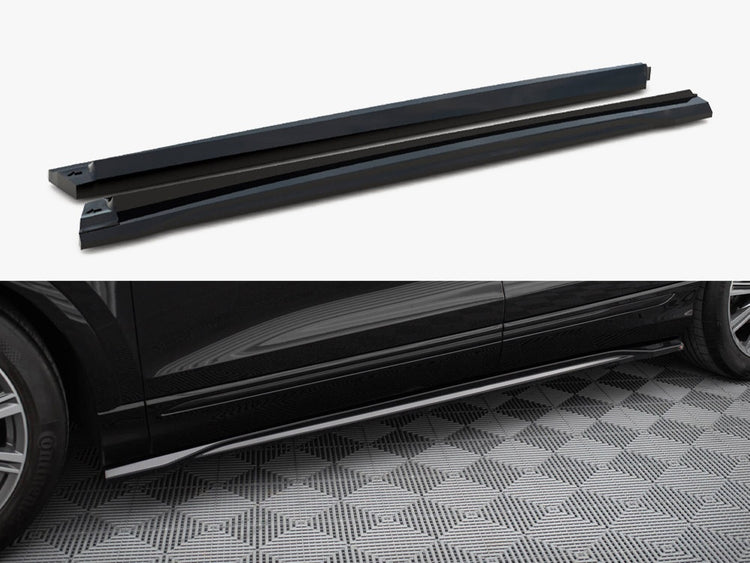Maxton Design V.2 side skirts and diffusers for Audi SQ8 Q8 S-Line Mk1, black body styling components on a car.