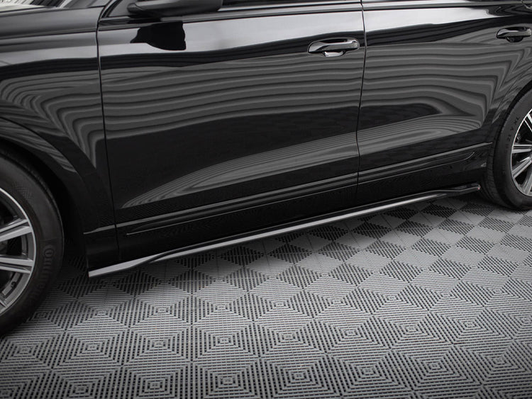 Maxton Design V.2 side skirts and diffusers for Audi SQ8 and Q8 S-Line Mk1, black body styling accessories, close-up view