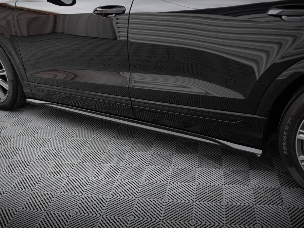 Maxton Design V.2 side skirts and diffusers for Audi SQ8 and Q8 S-Line Mk1, black body styling components on car side profile.
