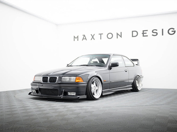 Maxton Design front racing splitter for BMW M3 E36 coupe and cabrio, enhances aerodynamics and sporty appearance.