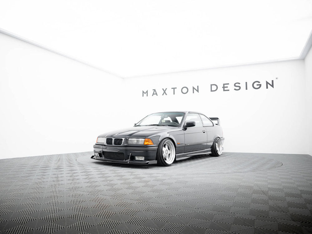 Maxton Design front racing splitter for BMW M3 E36 coupe and cabrio, enhances aerodynamics and sporty look.