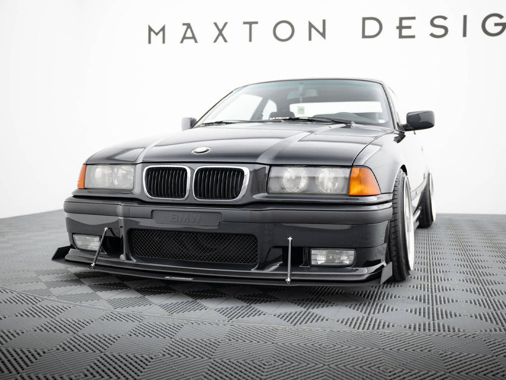 Maxton Design front racing splitter for BMW M3 E36 coupe and cabrio, featuring aerodynamic design and high-quality construction.