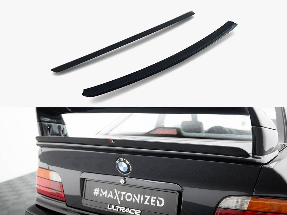 Maxton Design BMW M3 E36 coupe GT bottom spoiler in body styling, black aerodynamic rear spoiler for enhanced performance.