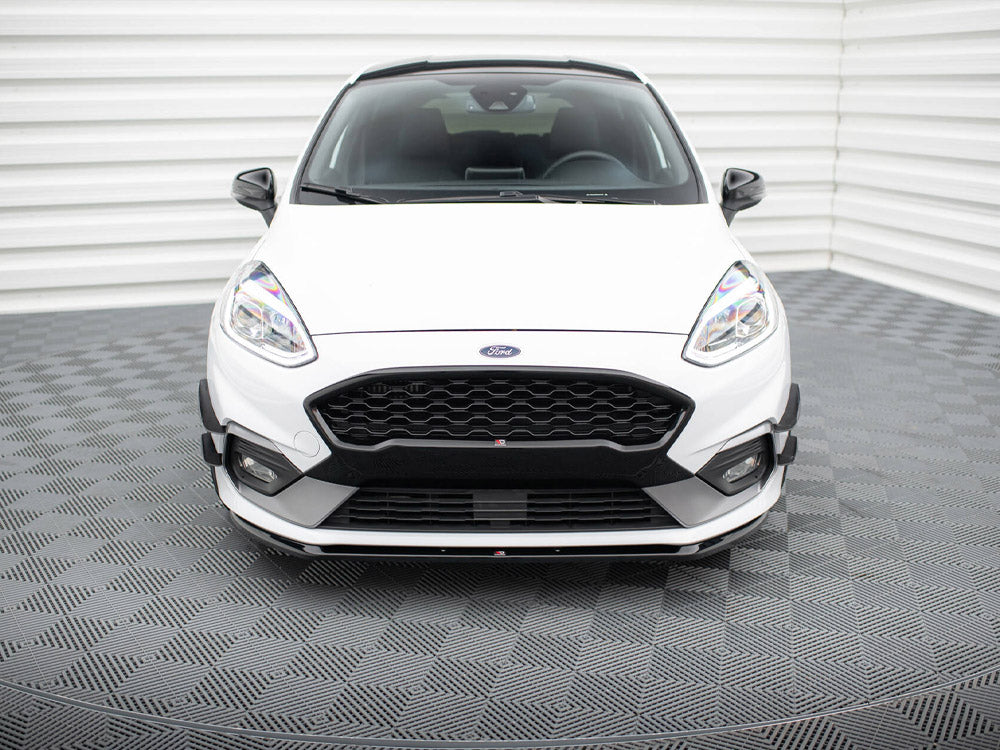 Maxton Design front splitter V.3 for Fiesta Mk8 ST and ST-Line, car body styling accessory installed on the front bumper.