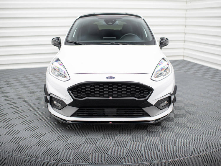 Maxton Design front splitter V.3 for Fiesta Mk8 ST and ST-Line, car body styling accessory installed on the front bumper.