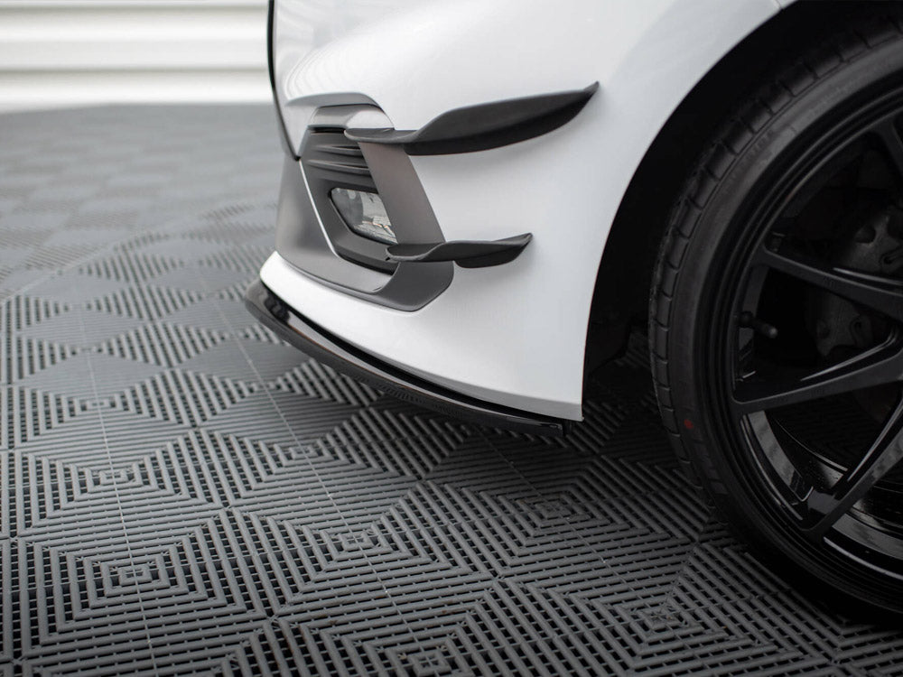 Maxton Design front splitter V.3 for Ford Fiesta Mk8 ST and ST-Line, body styling accessory, black aerodynamic front splitter.