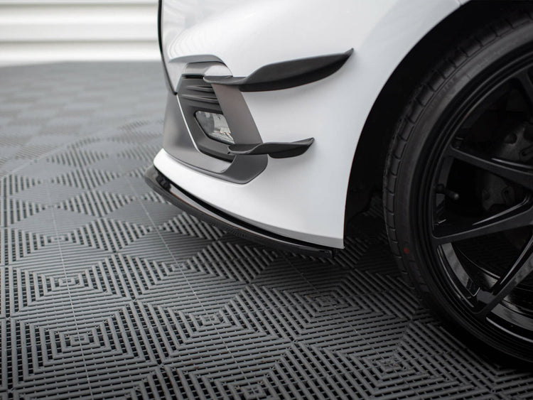 Maxton Design front splitter V.3 for Ford Fiesta Mk8 ST and ST-Line, body styling accessory, black aerodynamic front splitter.