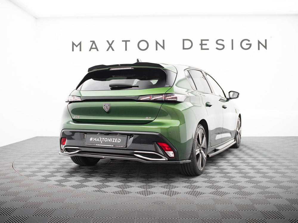 Maxton Design rear splitter with vertical bars for Peugeot 308 Hatchback Mk3, body styling accessory in black.