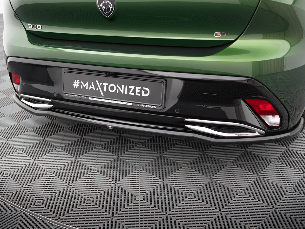 Maxton Design rear splitter with vertical bars for Peugeot 308 Hatchback Mk3, car body styling accessory, black finish.