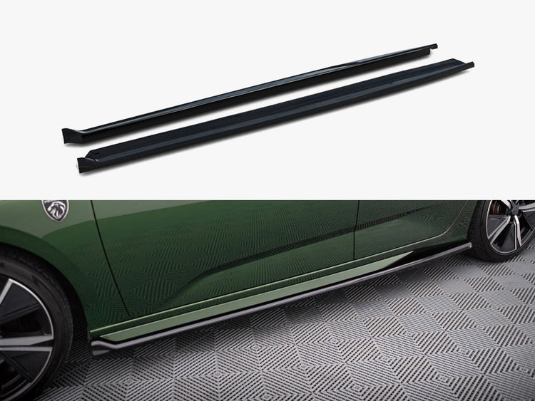 Maxton Design side skirts and diffusers for Peugeot 308 Hatchback Mk3, car body styling components in black with aerodynamic features.