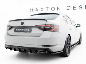 Maxton Design rear valance V.2 for Skoda Superb Mk3 liftback and combi, aftermarket body styling accessory in black.