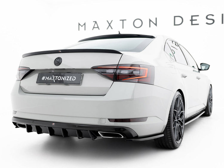 Maxton Design rear valance V.2 for Skoda Superb Mk3 liftback and combi, aftermarket body styling accessory in black.