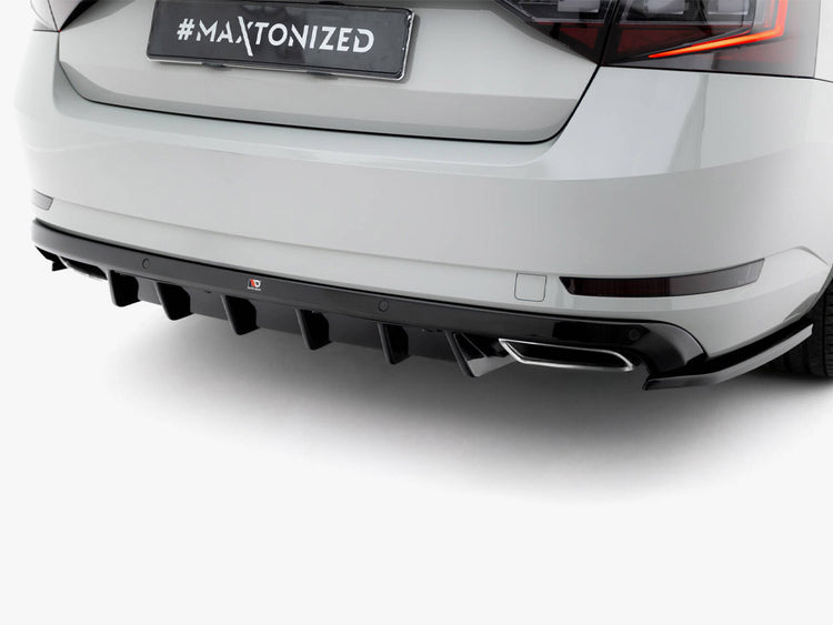 Maxton Design Rear Valance V.2 for Skoda Superb Mk3 liftback and combi, enhancing car's rear body styling and aerodynamics.